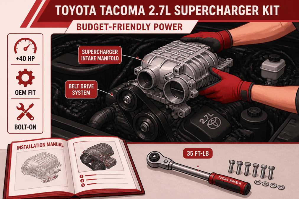 Technician's hands installing supercharger intake manifold and belt drive system on a Toyota Tacoma 2.7L engine, with installation manual and torque wrench visible on the workbench beside the engine bay