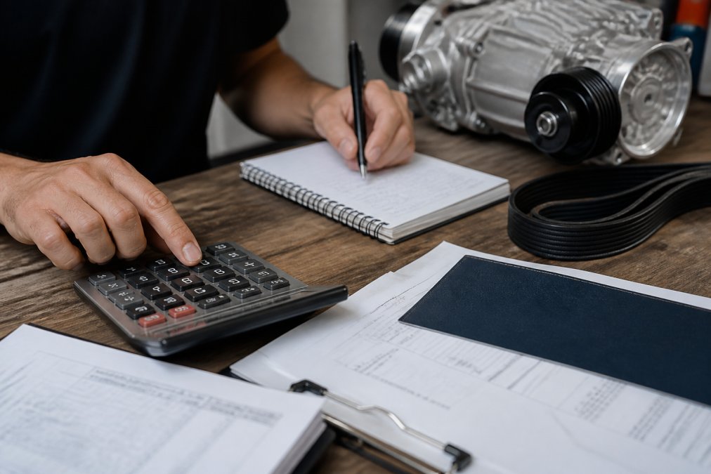 Professional technician using precision tools to install supercharger drive belt and idler pulley system on a Toyota engine, with installation manual and torque wrench specifications visible on the workbench