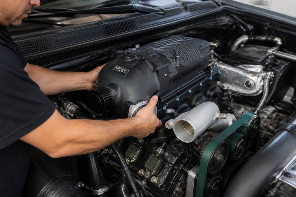 Mechanic installing a twin-screw supercharger onto a Nissan Titan engine bay, showing the cast aluminum intake manifold, intercooler components, and belt drive system in precise detail under bright shop lighting