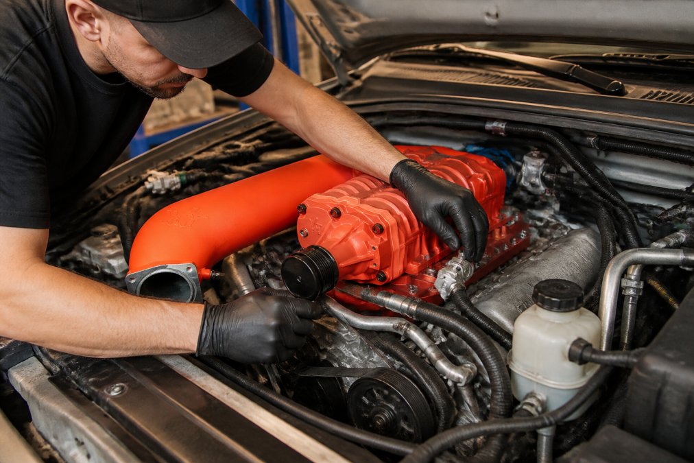 Technician performing routine maintenance on a twin-screw supercharger system, checking serpentine belt tension, inspecting coolant lines connected to the intercooler, and examining water pump connections under warm shop lighting