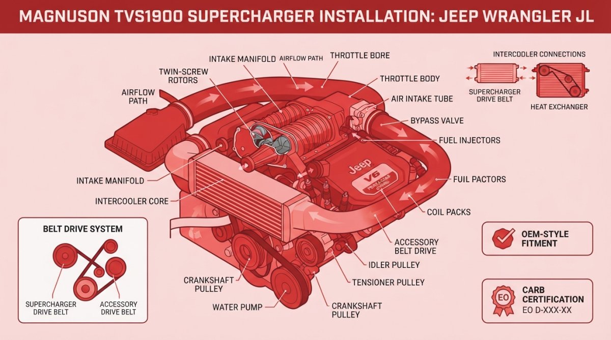 Close-up of a Magnuson TVS1900 supercharger mounted on a Jeep Wrangler JL engine bay, showing the twin-screw compressor, intercooler connections, and belt drive system in detail