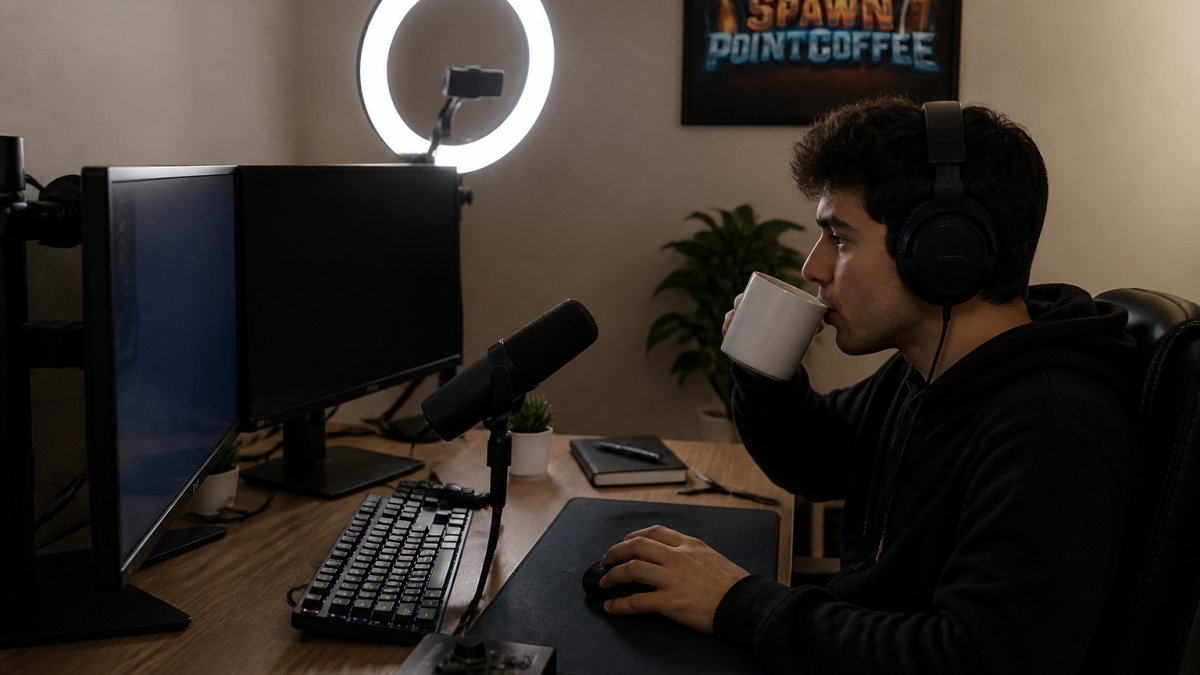 A streamer at a desk with a dual-monitor setup, one hand on a mouse and the other holding a mug of coffee, with a ring light and headset visible in a dimly lit room