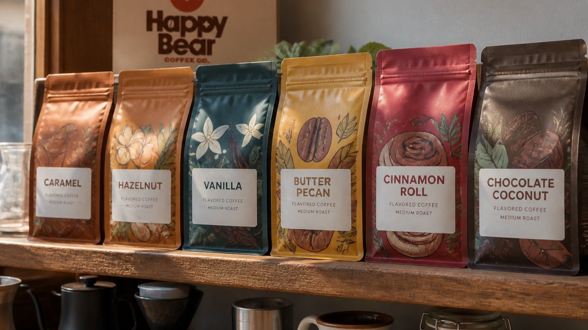 Close-up of colorful coffee bags with flavored varieties displayed on a wooden shelf, showing labels and vibrant packaging in natural morning light