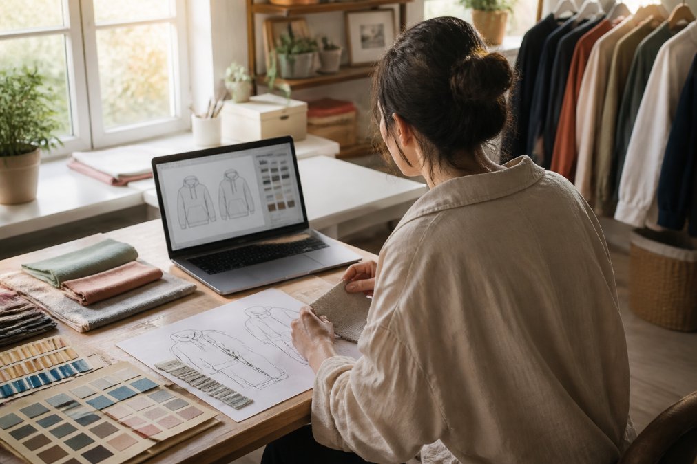 Designer working at desk with fabric swatches, design sketches, and laptop displaying custom apparel design interface with warm natural lighting from window