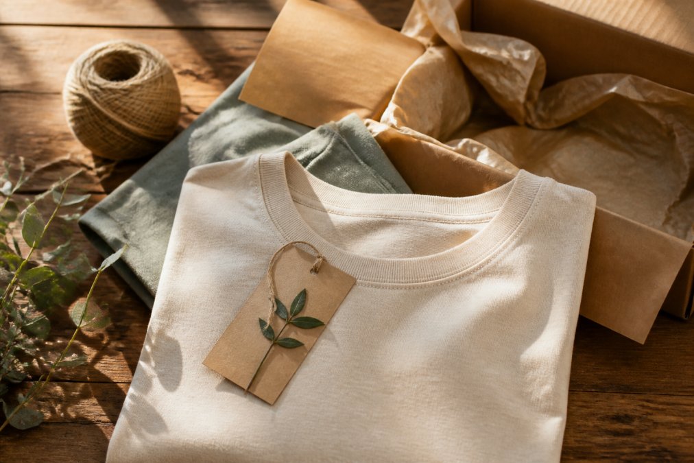 Close-up of eco-friendly apparel with organic cotton tags and sustainable packaging materials displayed on wooden surface with natural lighting