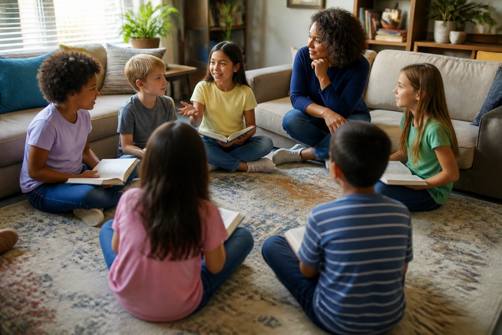 A diverse group of elementary-aged children sitting in a circle with open books, engaged in animated discussion while an adult facilitator listens attentively in a bright, comfortable living room setting