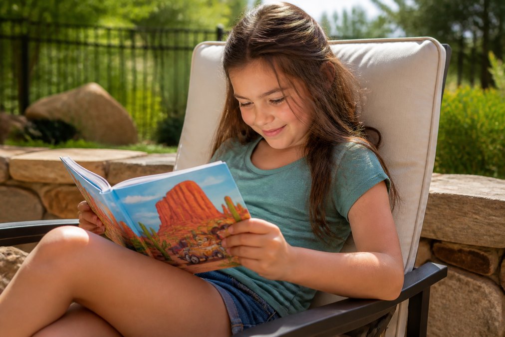 A young child reading a colorful adventure book outdoors in natural sunlight, sitting comfortably on a cushioned chair with a content expression showing engagement and focus