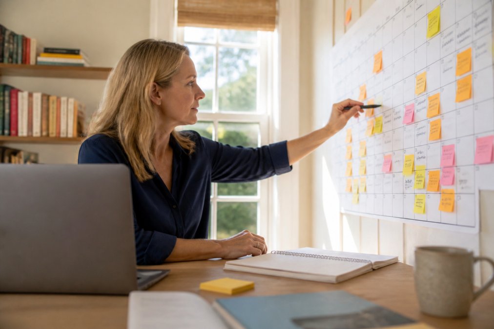 Author reviewing a wall planner and email book marketing dashboard in a bright home office.
