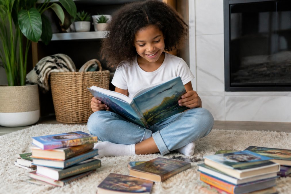 Child sitting cross-legged on a cozy rug surrounded by colorful picture books and chapter books, smiling while holding an open book with adventure-themed covers visible