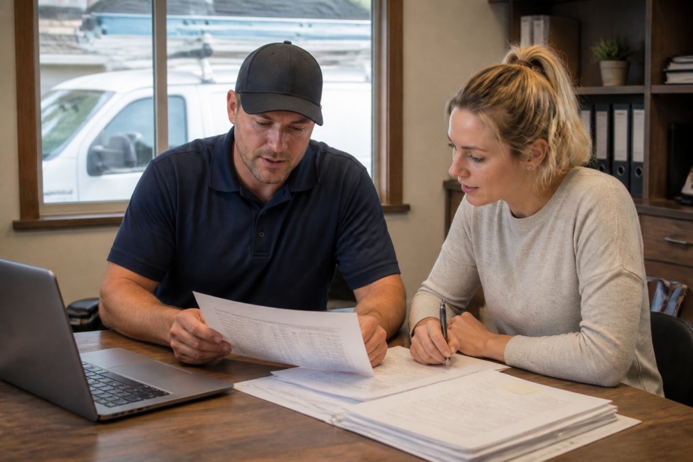 HVAC business owner and bookkeeper reviewing job cost reports and invoices for bookkeeping for hvac success.