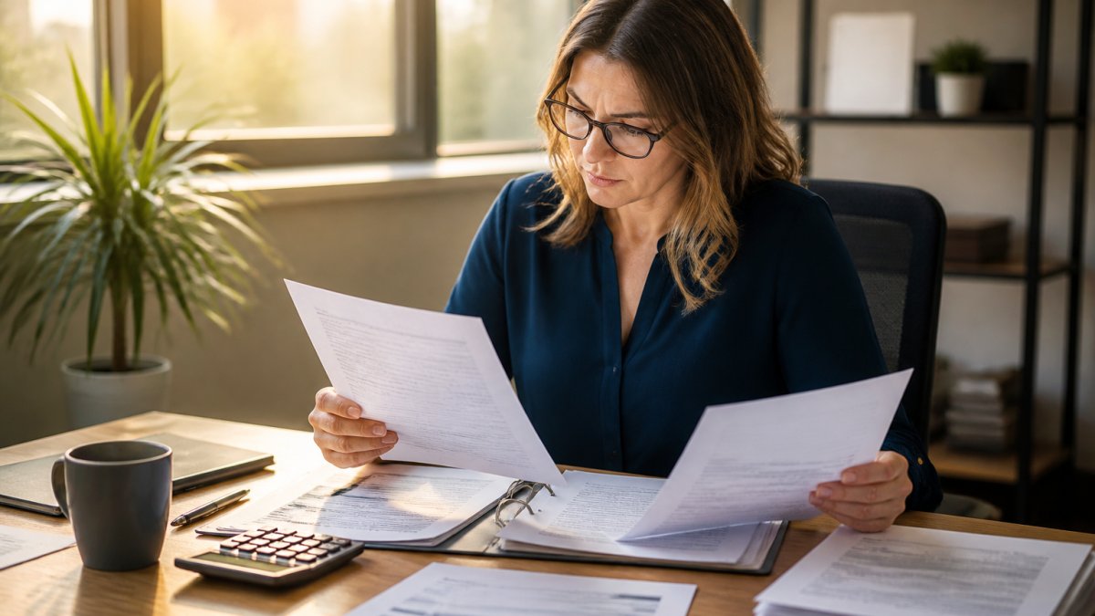 A small business owner reviewing printed financial statements at a wooden desk, calculator and coffee cup nearby, warm morning light through office windows