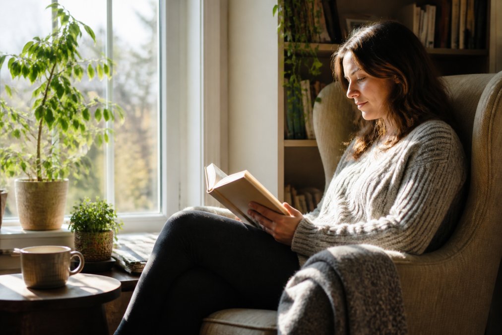 Person sitting in a comfortable reading nook with a book, natural light streaming through a window, peaceful and reflective atmosphere