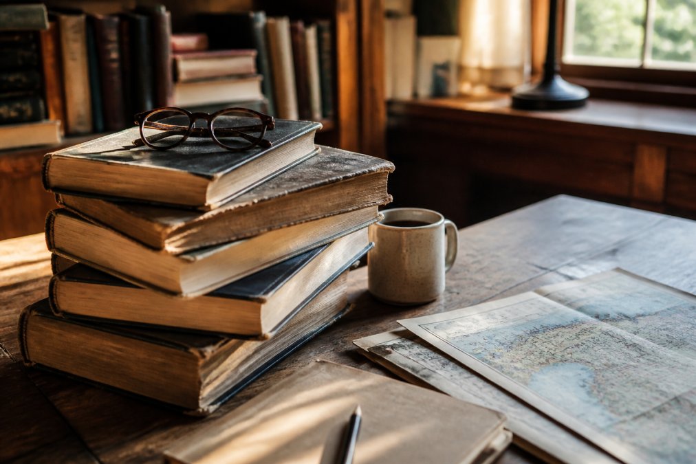 A stack of well-worn history and geography books on a wooden desk, a cup of coffee and reading glasses resting on top, warm afternoon light through a window