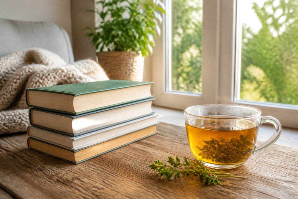 A bright reading nook with a stack of wellness books on a wooden table, a cup of herbal tea and a soft blanket, morning light through a window
