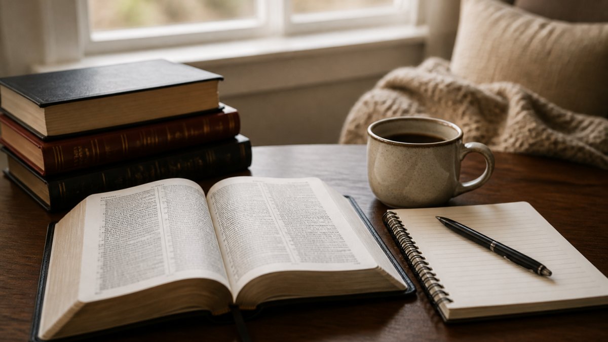 A cozy reading nook with an open Bible, a notebook, and a cup of coffee, with several study books stacked nearby, suggesting a personal Bible study time