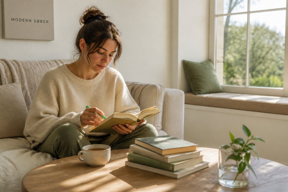 A person sitting in a bright, minimalist living room with a stack of books on a coffee table, holding one open and highlighting a passage, a cup of tea nearby, natural light streaming through the window