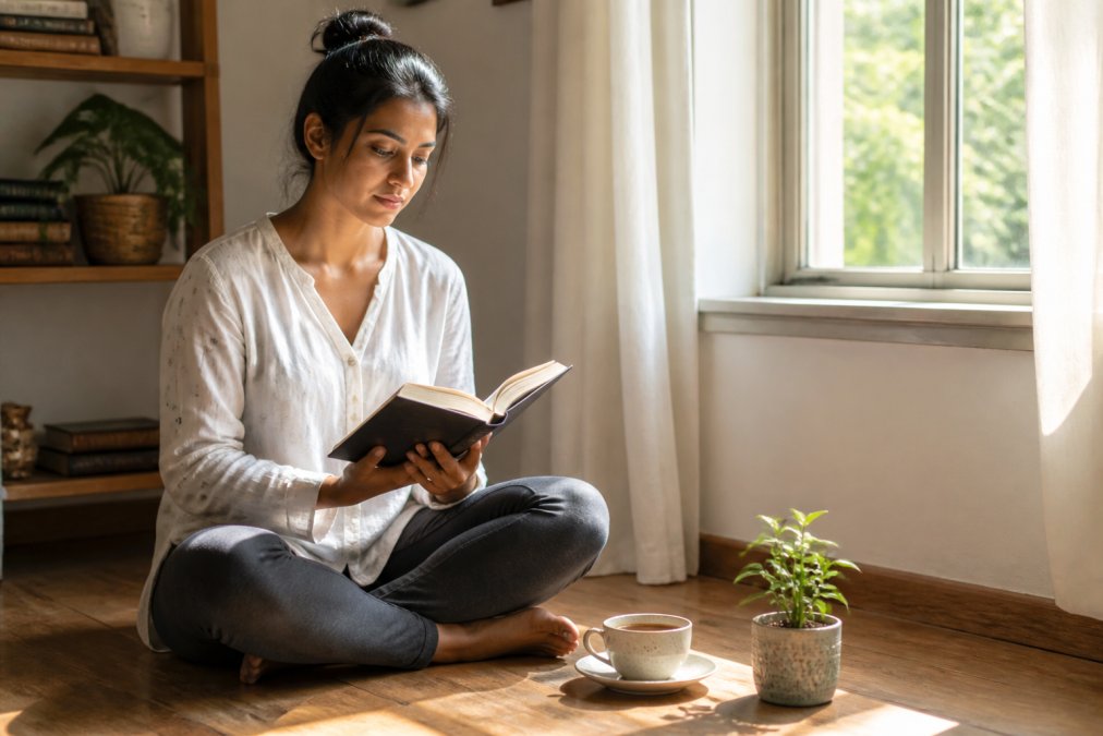 Professional illustration showing person and sitting and cross-legged concepts for best books for spiritual growth