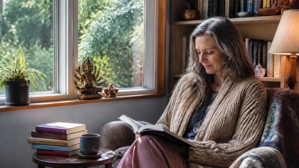 Person reading from a stack of the best books for spiritual growth in a cozy nook with tea and natural light