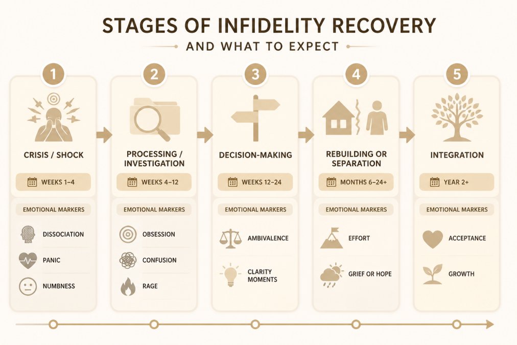 Timeline diagram showing 5 stages of infidelity recovery: Stage 1 Crisis/Shock (weeks 1-4, emotional markers: dissociation, panic, numbness), Stage 2 Processing/Investigation (weeks 4-12, emotional markers: obsession, confusion, rage), Stage 3 Decision-Making (weeks 12-24, emotional markers: ambivalence, clarity moments), Stage 4 Rebuilding or Separation (months 6-24+, emotional markers: effort, grief or hope), Stage 5 Integration (year 2+, emotional markers: acceptance, growth)