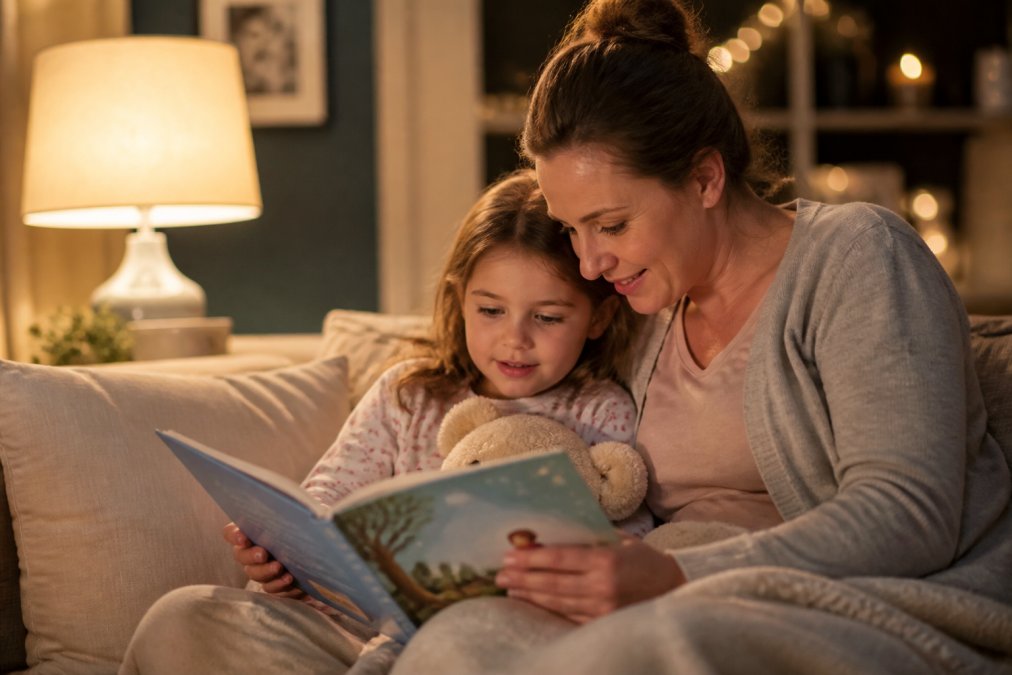 A parent and young child cuddled on a sofa reading an illustrated picture book together at bedtime, warm lamp light, cozy living room