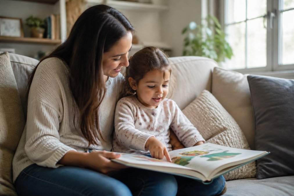 Parent and young child sitting together on a comfortable couch reading a picture book, child pointing at colorful illustrations with engaged expression, warm natural lighting from nearby window