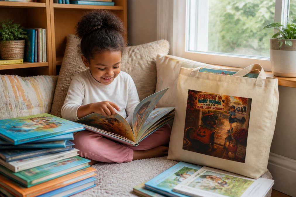 A young child sitting in a cozy reading nook surrounded by colorful picture books, smiling while turning pages of a brightly illustrated kindness-themed book with warm natural light from a nearby window