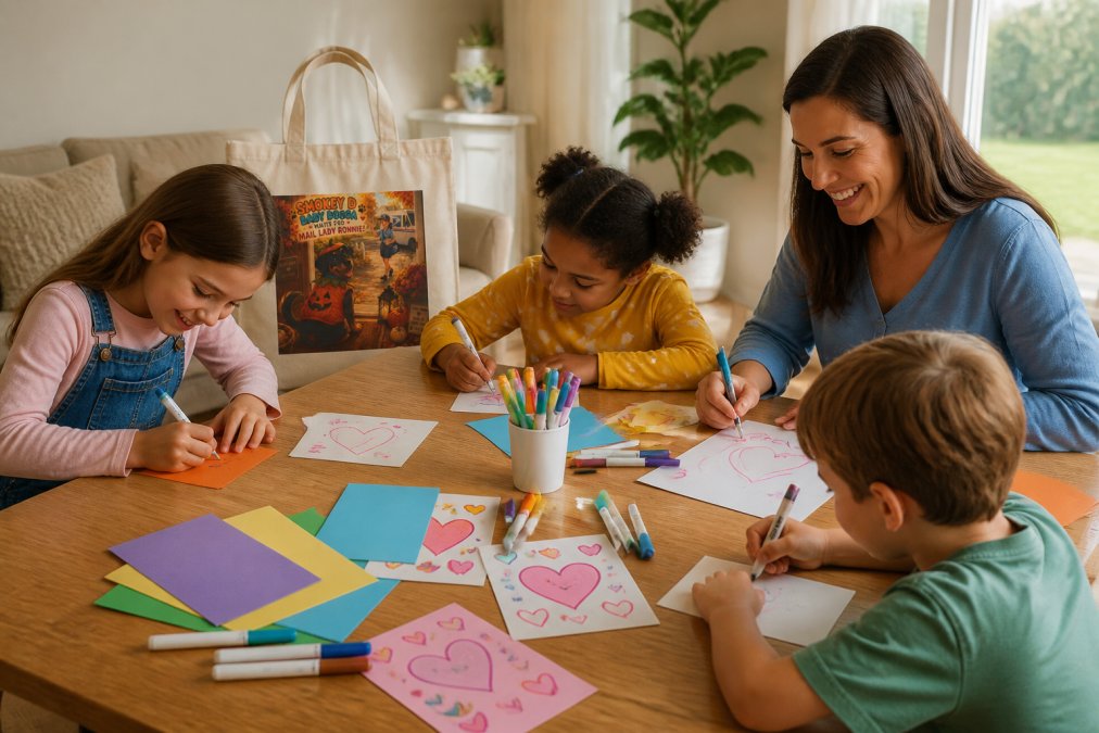 Children and an adult engaged in a hands-on kindness activity at a bright wooden table, drawing, writing thank-you notes, and creating colorful kindness cards inspired by a book story, with markers and paper scattered across the surface