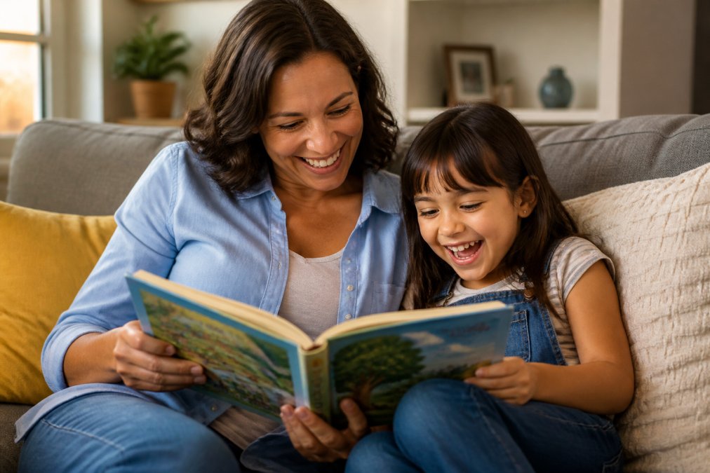 A parent and a young child sitting close together on a sofa, reading a colorful hardcover picture book and laughing in warm afternoon light