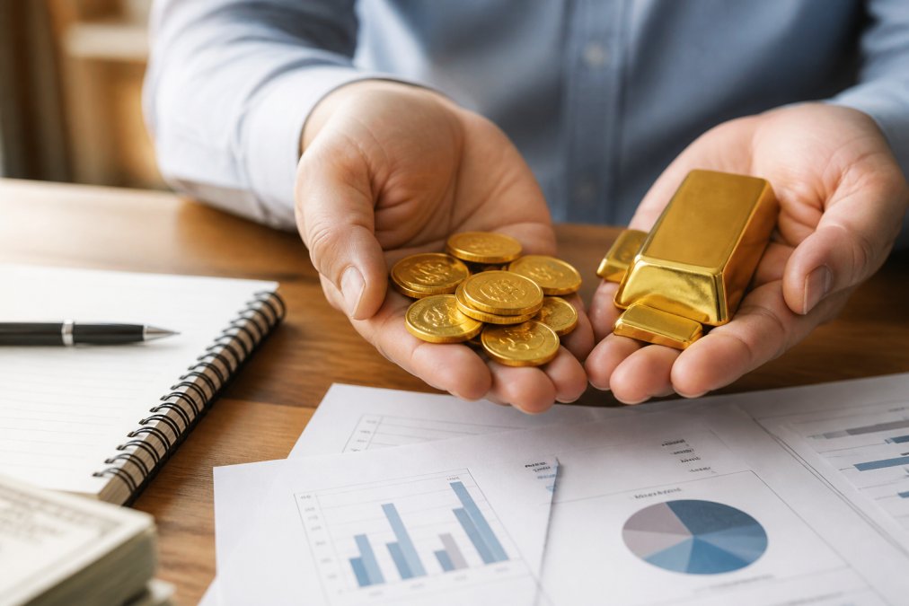 Person holding physical gold coins and bars on a desk with financial documents and a notebook nearby