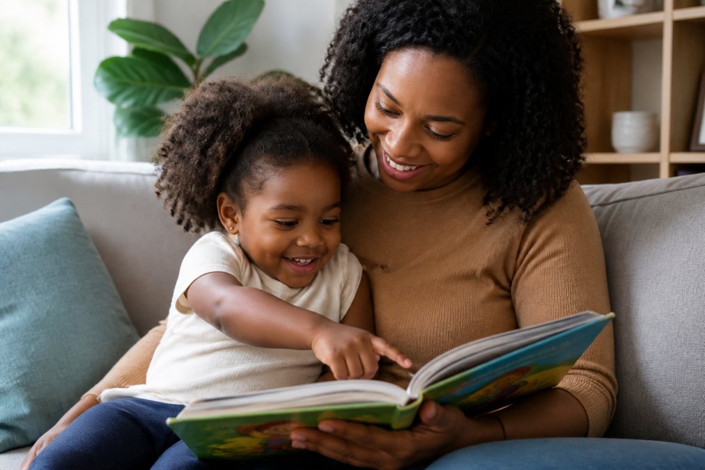 Parent and young child reading a colorful picture book together on a cozy couch in warm natural light