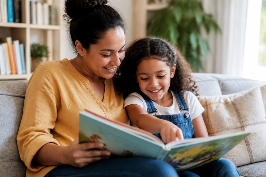 A parent and child enjoy one of the best books to encourage imagination for 6 year olds on a sunny couch.