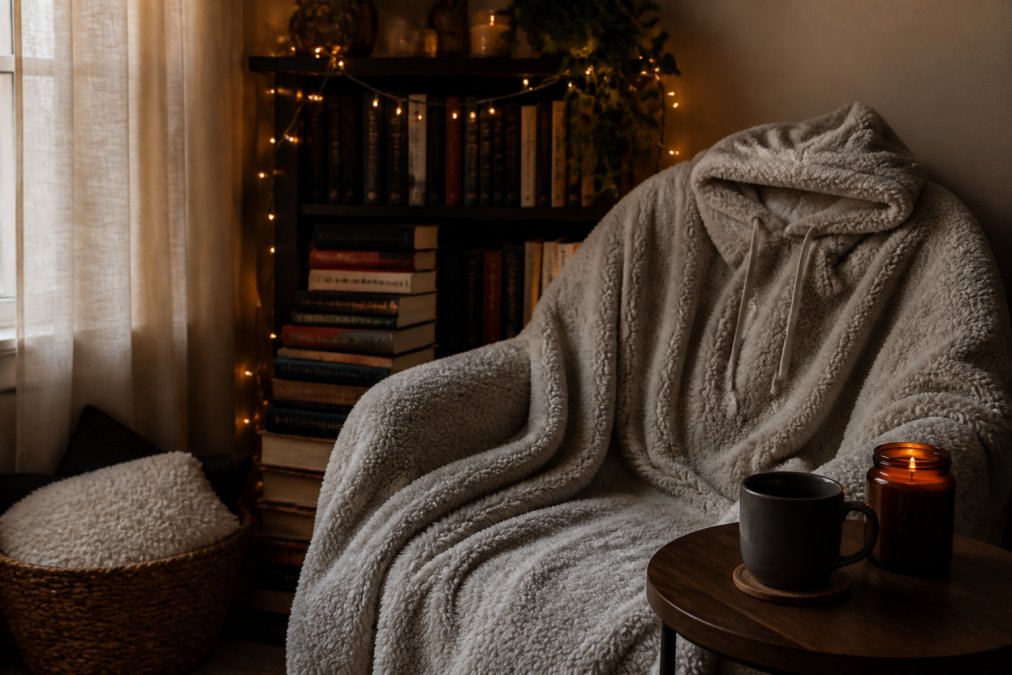 A cozy reading nook corner with a plush oversized hooded blanket draped over a chair, stacked hardcover books, warm string lights, and a small side table with a mug, styled for a BookTok aesthetic