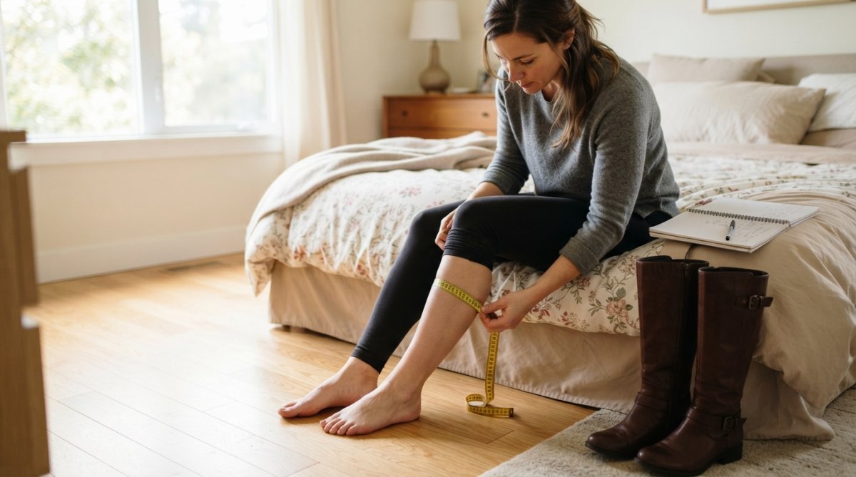 A woman sitting on the edge of a bed, wrapping a flexible measuring tape around her calf to check the circumference, with a notebook and a pair of knee-high boots nearby in a bright bedroom setting