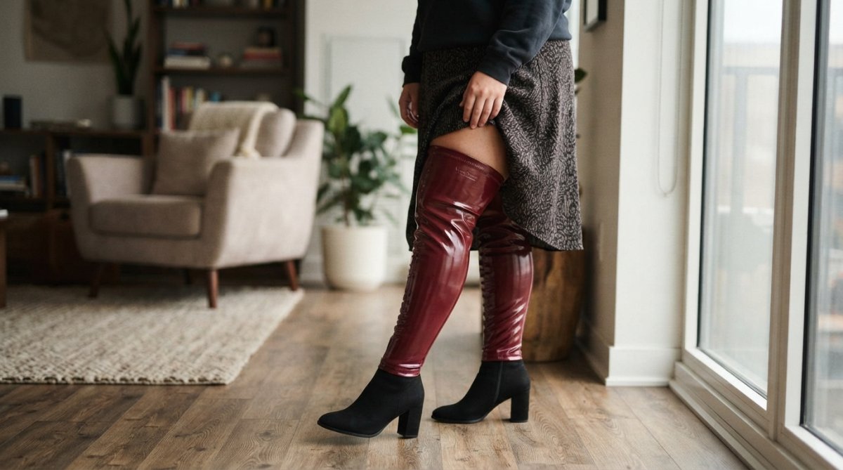 Woman wearing thigh-high boot sleeve in deep cherry vinyl over a black heel, standing in natural light to showcase the fit and silhouette on a curvy leg