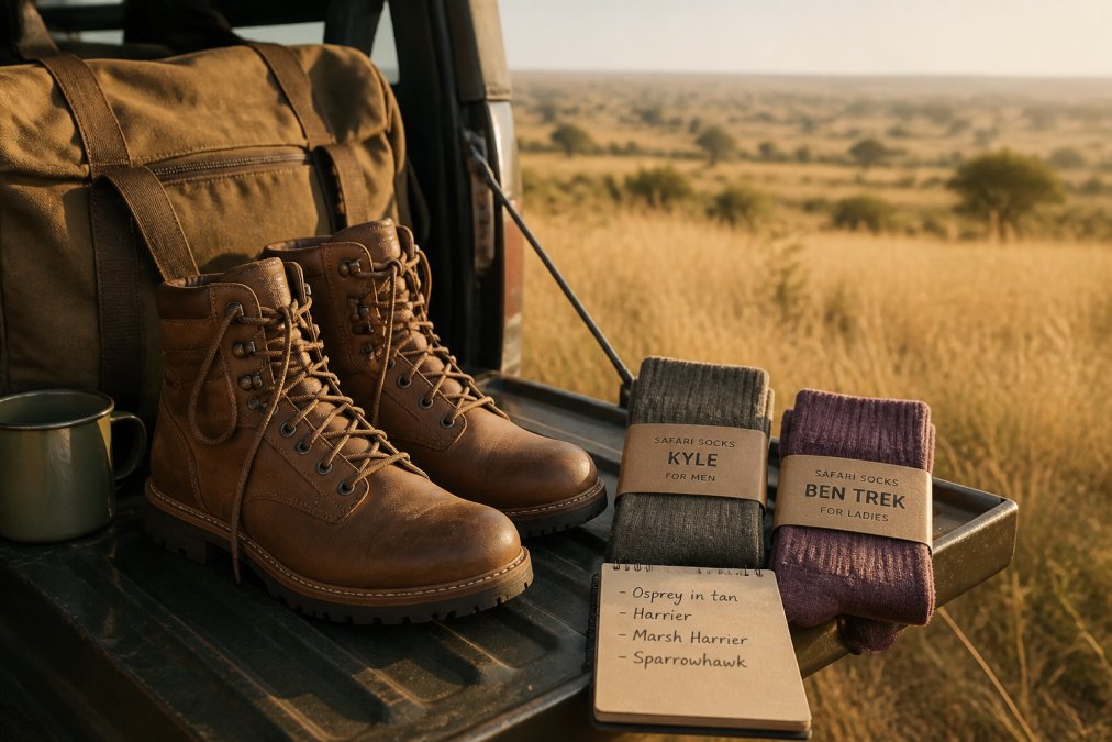 A pair of brown leather lace-up safari boots resting on the open tailgate of a 4x4 vehicle in golden savanna light, with a wide grassy plain stretching to the horizon
