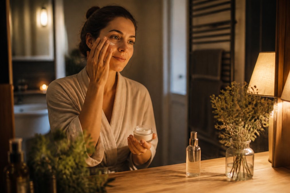 Woman in her thirties applying soothing cream to her face in a softly lit bathroom at night