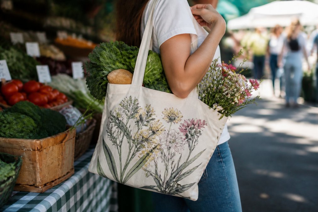 Person carrying a botanical print tote bag while shopping at a farmers' market, with fresh produce and flowers visible in the bag, natural daylight illuminating the floral design