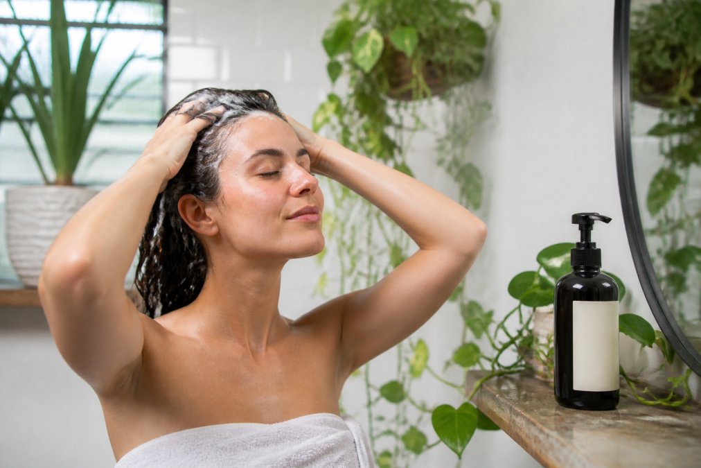 Woman with a sensitive scalp massaging botanical shampoos into her hair in a bright, plant-filled bathroom.