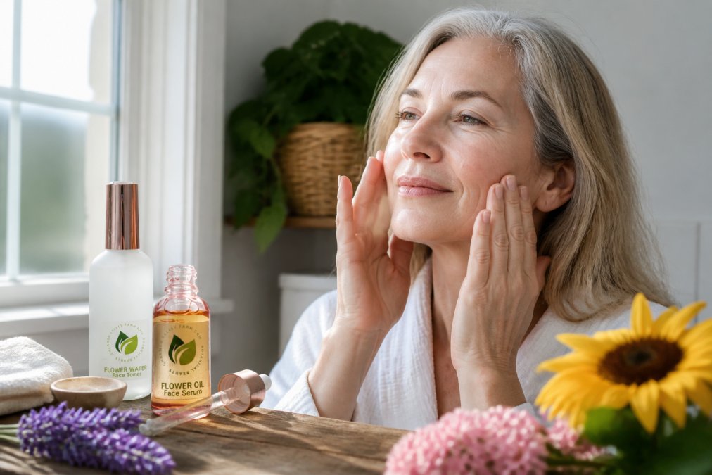 Woman in her 50s applying botanical serum to her face in soft morning light from a window, serene expression, hands gently pressing product into skin