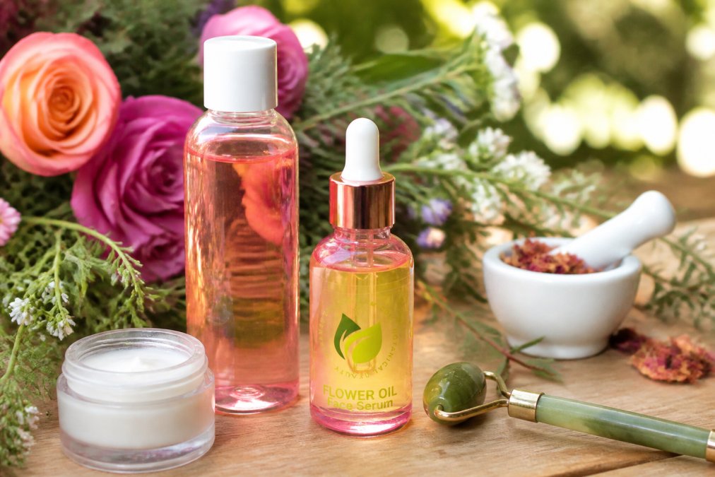 Close-up of botanical skincare products arranged on a wooden surface with fresh flowers, including toner bottle and oil serum, natural daylight