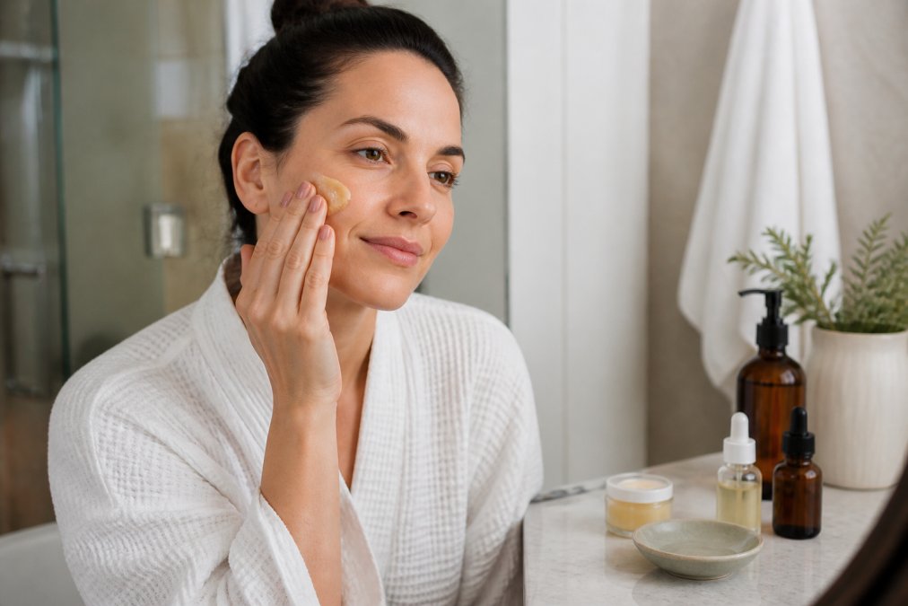 Woman applying botanical skincare balm to her cheek in a sunlit bathroom with glass bottles on the counter