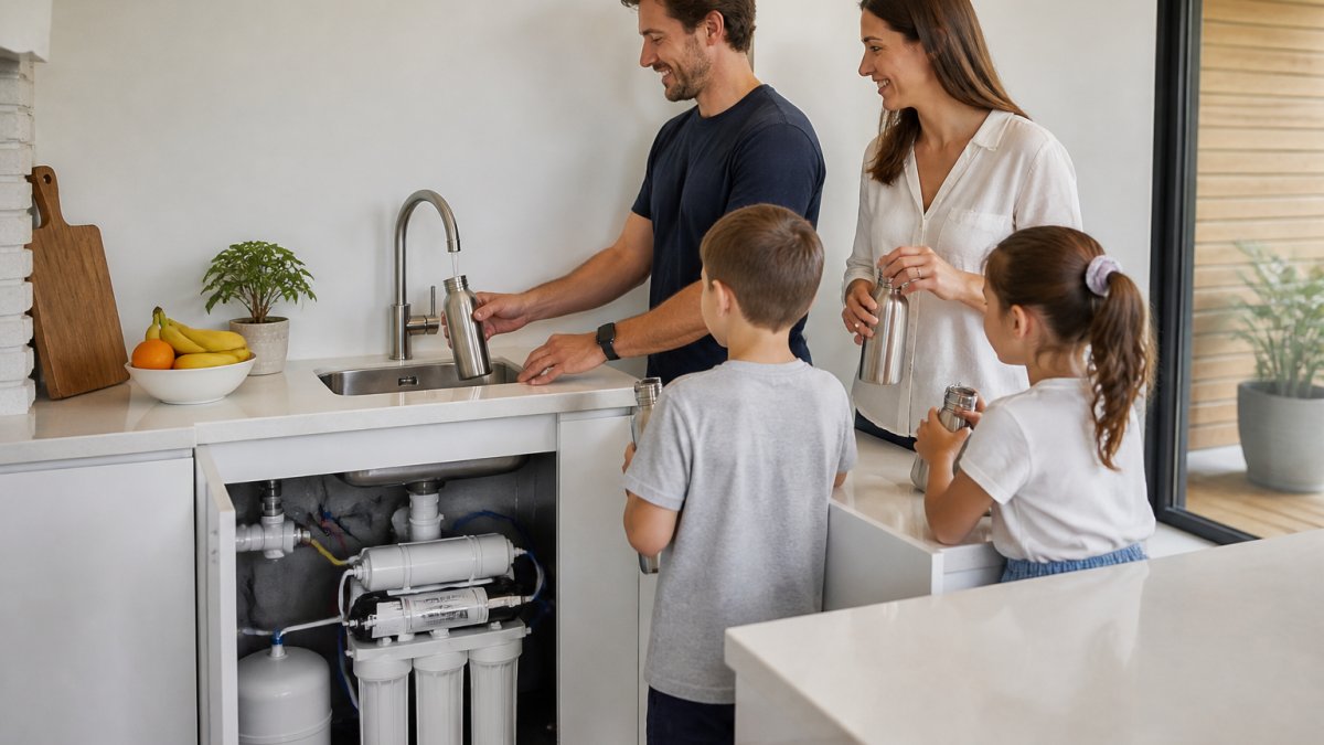 A family filling reusable stainless steel bottles from a dedicated filtered water tap in a bright modern kitchen, with a cupboard open showing an under-sink filtration unit