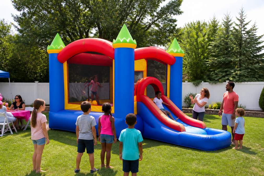 Children and adults enjoying a colorful bounce house with slide at a backyard birthday party on a sunny day, with green grass and trees visible in the background, professional setup with safety perimeter visible
