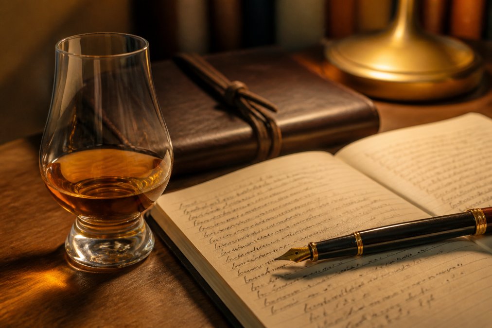 Close-up of a bourbon glass with amber liquid catching warm light, a leather-bound notebook with handwritten tasting notes beside it, and a fountain pen resting on the page with soft golden lighting from a desk lamp