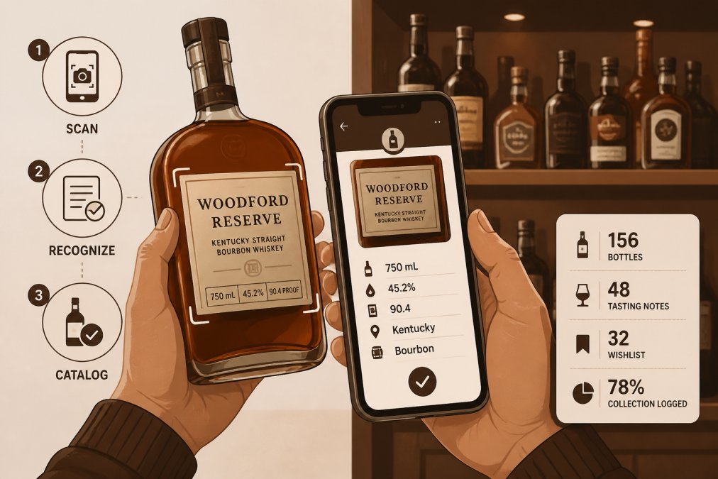 Close-up of a person's hands holding a bourbon bottle while scanning the label with a smartphone in front of a well-organized home bar shelf stocked with whiskey bottles