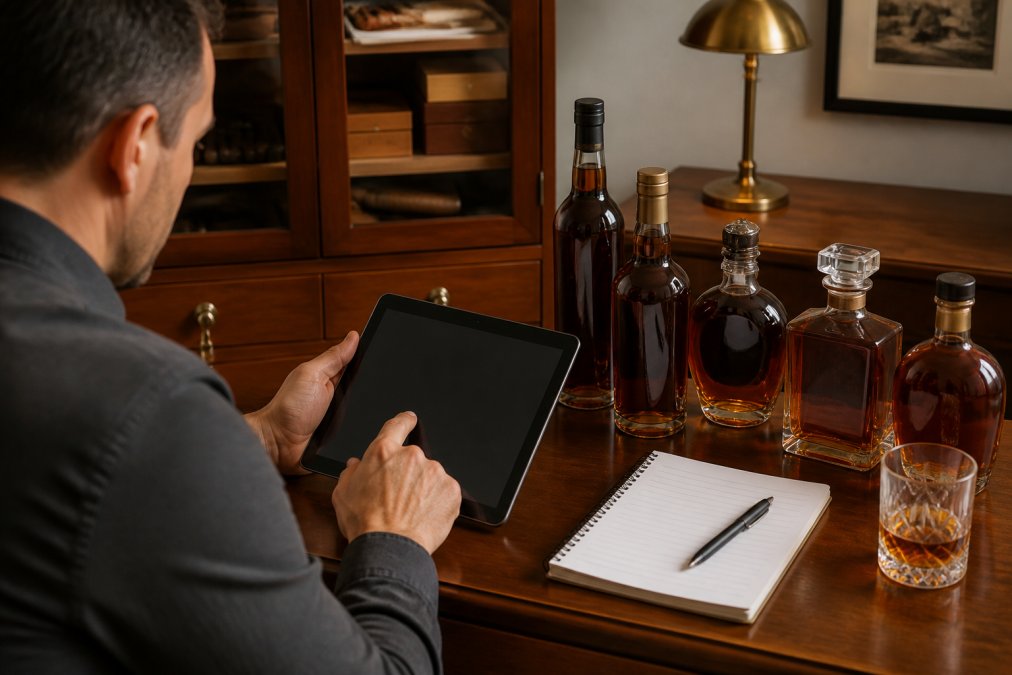 A whiskey enthusiast sitting at a wooden desk reviewing a tablet displaying a spirits collection inventory, with several premium bourbon bottles arranged neatly beside a notepad and pen