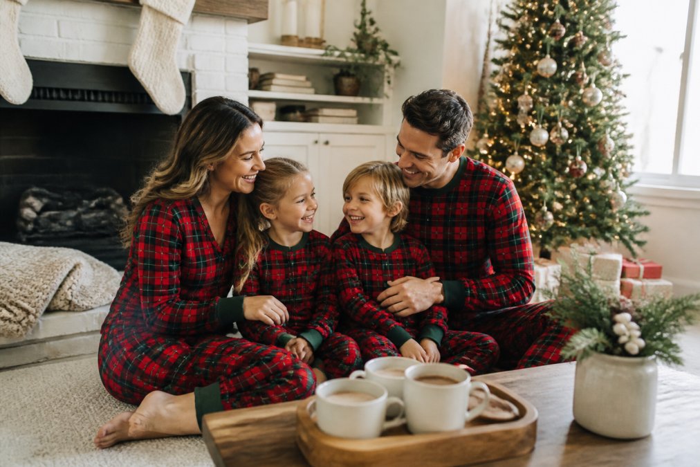 A family of four wearing coordinating red-and-green plaid pajamas sitting together on a living room floor near a decorated Christmas tree, warm morning light through the window, mugs of cocoa on a low table