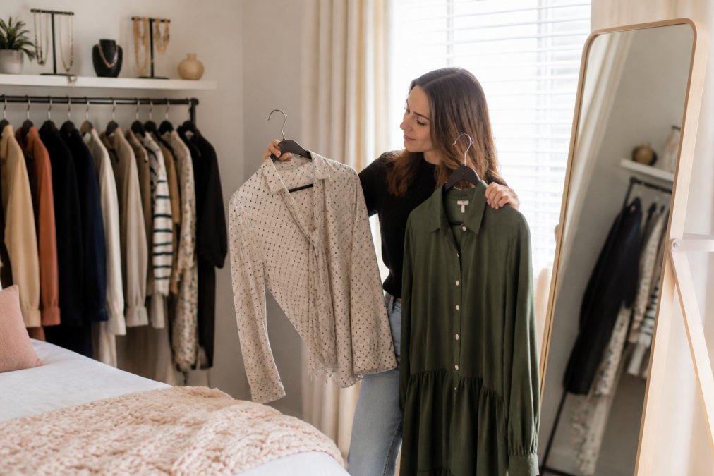 A woman in her thirties standing in a bright bedroom, holding up two boutique garments against a full-length mirror, with a curated rail of clothing and jewellery behind her