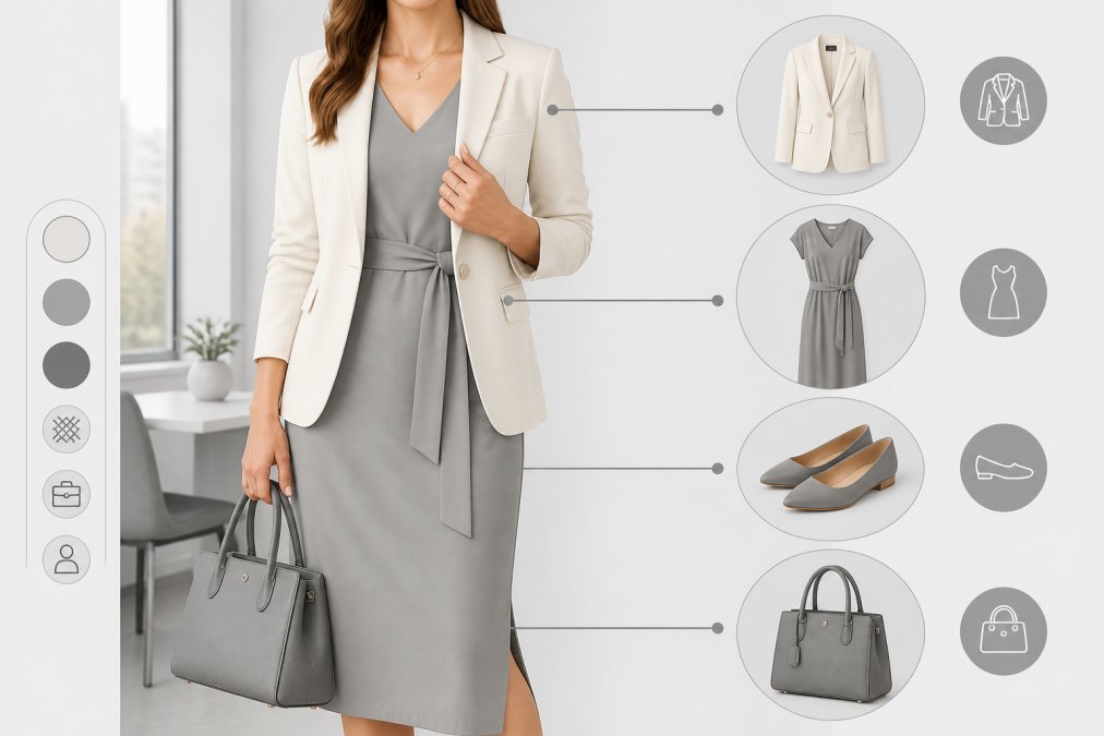 Close-up of a woman's torso showing a midi dress layered with a structured cream blazer, paired with pointed-toe professional flats and a minimalist leather handbag, with natural office lighting