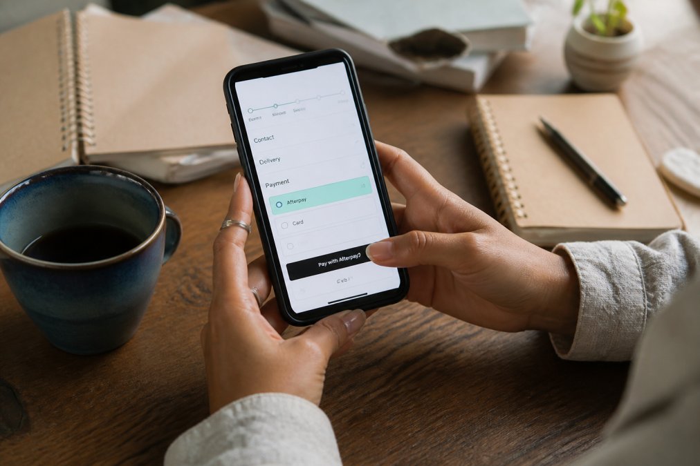 Close-up of hands holding a smartphone displaying a checkout screen with Afterpay payment options selected, sitting at a desk with a warm coffee cup nearby
